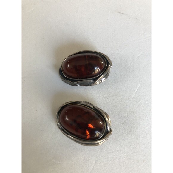 Vintage Amber Sterling Silver Earrings Clip On Baltic Amber Cognac - Picture 6 of 8